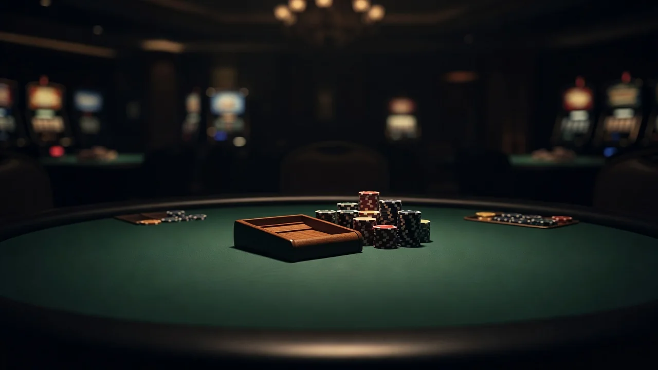 Empty casino table with card shoe under studio lights